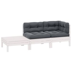 vidaXL 3 Piece Garden Lounge Set with Cushions White Solid Pinewood