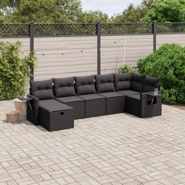 vidaXL 7 Piece Garden Sofa Set with Cushions Black Poly Rattan