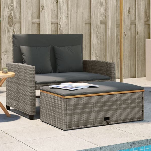 vidaXL Garden Sofa with Cushions 2-Seater Grey Poly Rattan&Acacia Wood