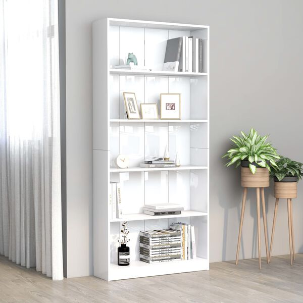 vidaXL 5-Tier Book Cabinet High Gloss White 80x24x175 cm Engineered Wood