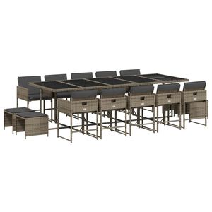 vidaXL 15 Piece Garden Dining Set with Cushions Grey Poly Rattan