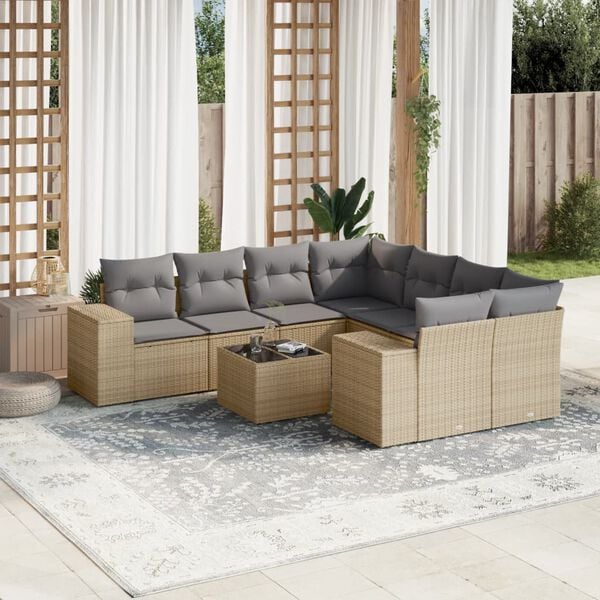 vidaXL 9 Piece Garden Sofa Set with Cushions Beige Poly Rattan
