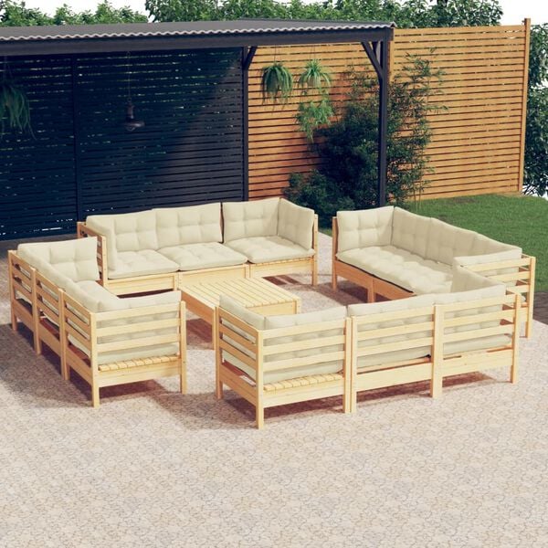 vidaXL 13 Piece Garden Lounge Set with Cream Cushions Pinewood