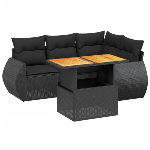 vidaXL 5 Piece Garden Sofa Set with Cushions Black Poly Rattan