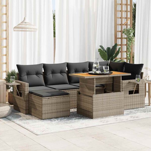 vidaXL 7 Piece Garden Sofa Set with Cushions Grey Poly Rattan