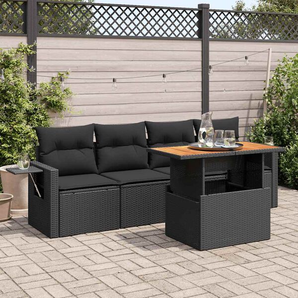 vidaXL 5 Piece Garden Sofa Set with Cushions Black Poly Rattan