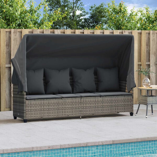 vidaXL Sun Lounger with Canopy and Cushions Grey Poly Rattan