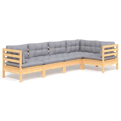 vidaXL 5 Piece Garden Lounge Set with Grey Cushions Pinewood