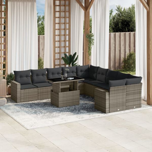 vidaXL 11 Piece Garden Sofa Set with Cushions Grey Poly Rattan