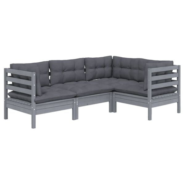 vidaXL 4 Piece Garden Lounge Set with Cushions Grey Pinewood