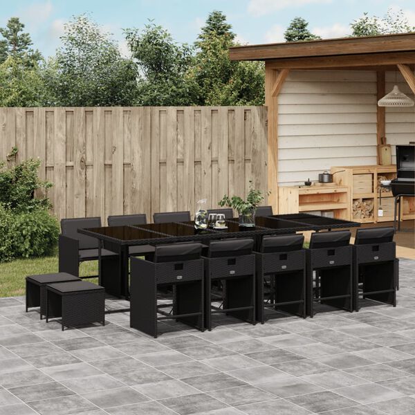 vidaXL 15 Piece Garden Dining Set with Cushions Black Poly Rattan