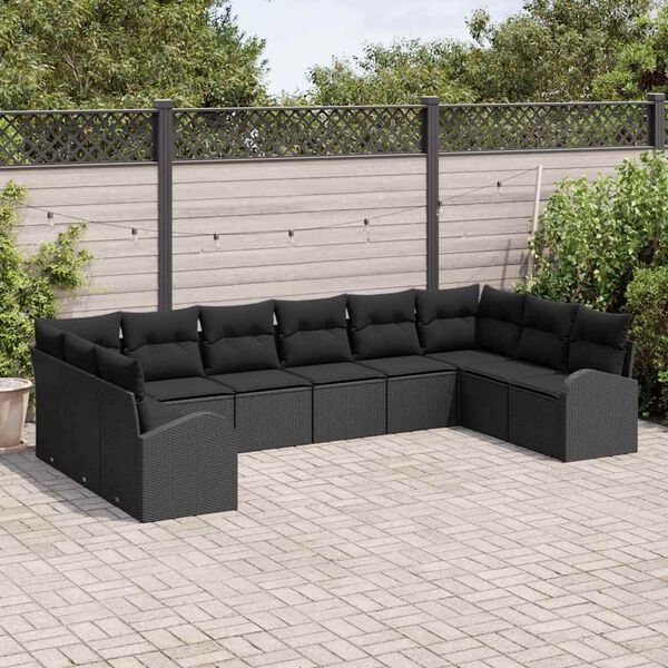 vidaXL Sofa Set with Cushion 10 pcs Black Poly Rattan