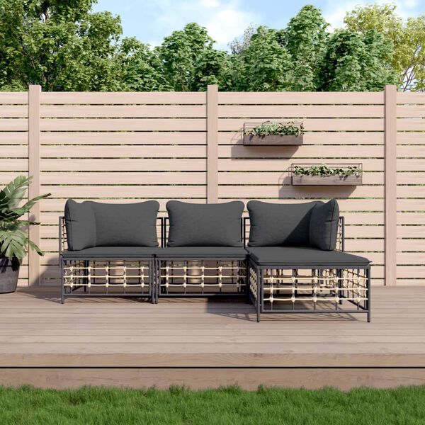 vidaXL 4 Piece Garden Lounge Set with Cushions Anthracite Poly Rattan
