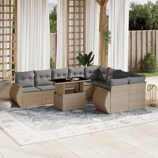 vidaXL 10 Piece Garden Sofa Set with Cushions Beige Poly Rattan