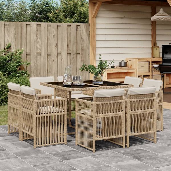 vidaXL 9 Piece Garden Dining Set with Cushions Beige Poly Rattan
