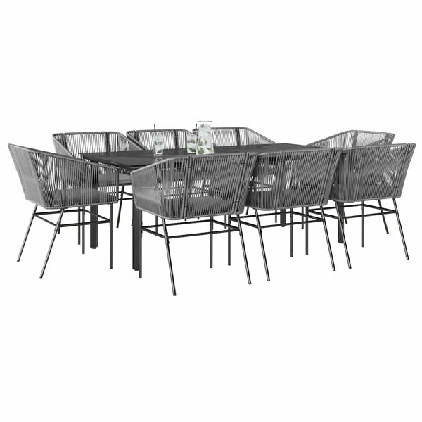 vidaXL 9 Piece Garden Dining Set with Cushions Grey Poly Rattan Glass