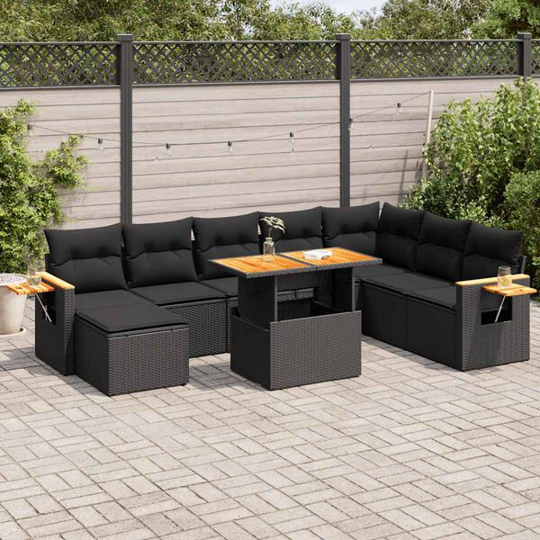 vidaXL 9 Piece Garden Sofa Set with Cushions Black Poly Rattan Acacia