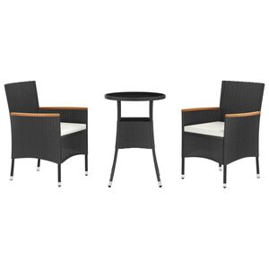 vidaXL 3 Piece Garden Bistro Set with Cushions Black Poly Rattan
