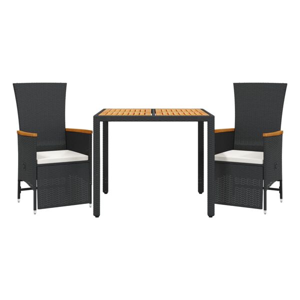 vidaXL 3 Piece Garden Dining Set with Cushions Black Poly Rattan