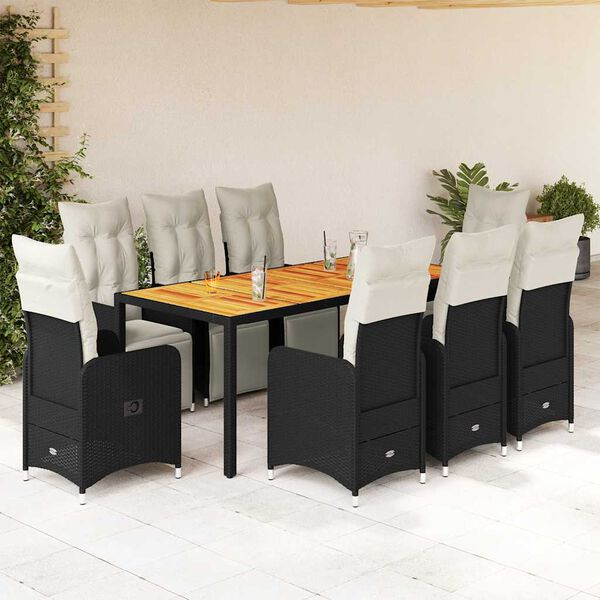 vidaXL 9 Piece Garden Bistro Set with Cushions Black Poly Rattan