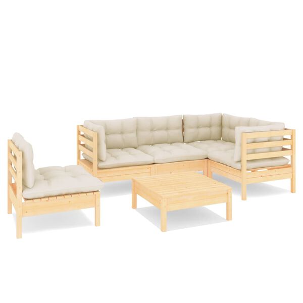 vidaXL 6 Piece Garden Lounge Set with Cream Cushions Pinewood