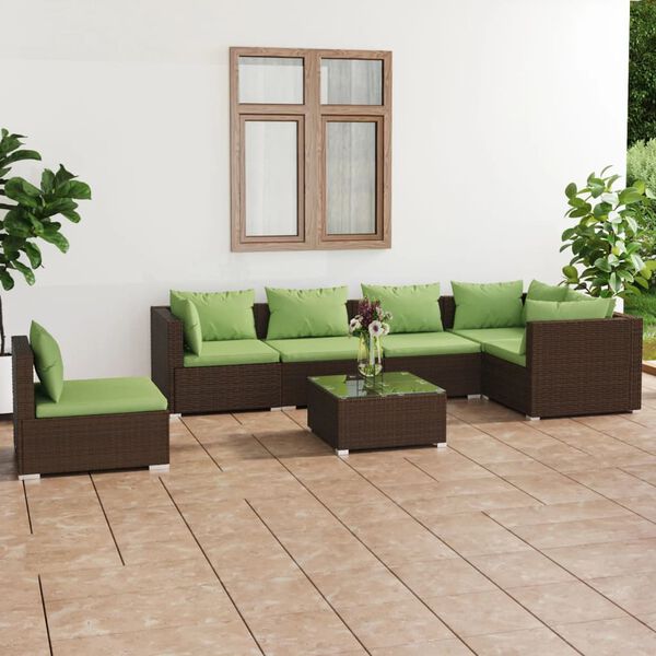 vidaXL 7 Piece Garden Lounge Set with Cushions Poly Rattan Brown