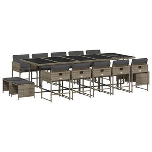 vidaXL 15 Piece Garden Dining Set with Cushions Grey Poly Rattan