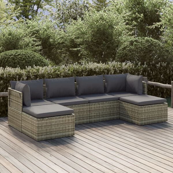 vidaXL 6 Piece Garden Lounge Set with Cushions Grey Poly Rattan