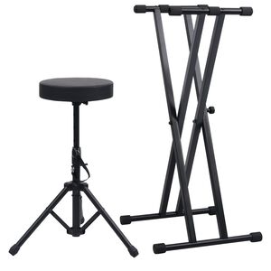 vidaXL Double Braced Keyboard Stand and Stool Set Black