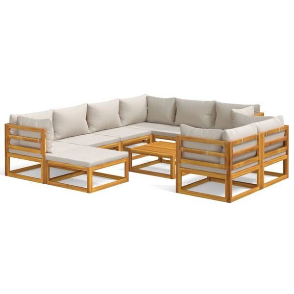 vidaXL 10 Piece Garden Lounge Set with Light Grey Cushions Solid Wood