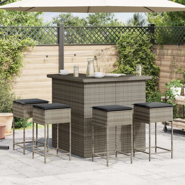 vidaXL 5 Piece Garden Bar Set with Cushions Grey Poly Rattan