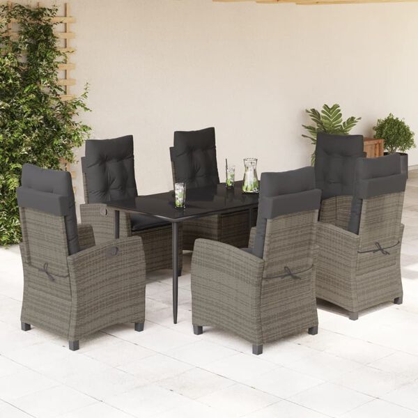 vidaXL 7 Piece Garden Dining Set with Cushions Grey Poly Rattan