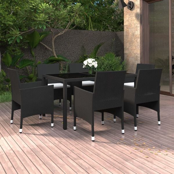 vidaXL 7 Piece Garden Dining Set Poly Rattan and Tempered Glass Black
