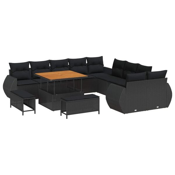 vidaXL Garden Sofa Set Height-Adjustable 13 pcs Black Poly Rattan