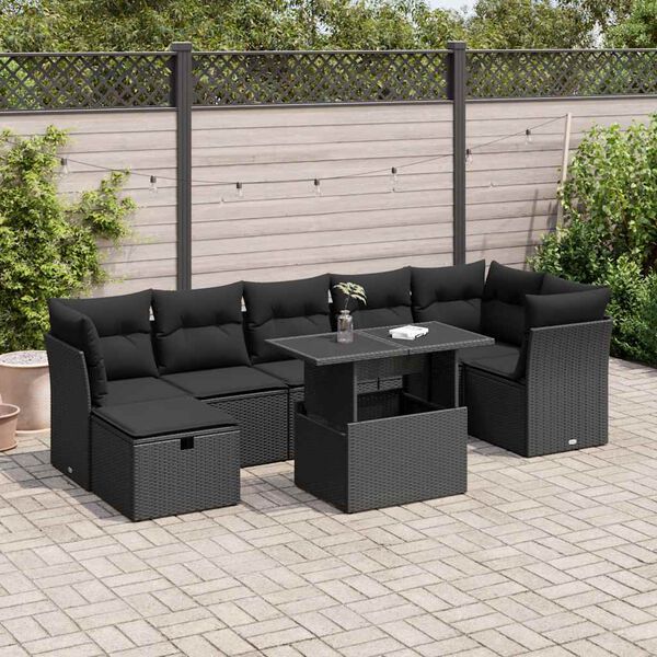 vidaXL 8 Piece Garden Sofa Set with Cushions Black Poly Rattan
