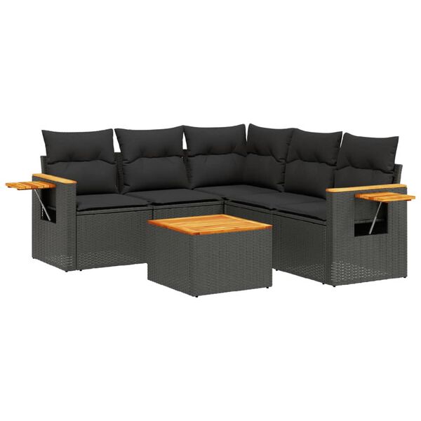 vidaXL 6 Piece Garden Sofa Set with Cushions Black Poly Rattan