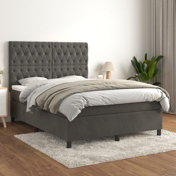 vidaXL Box Spring Bed with Mattress Dark Grey 137x187 cm Double Size Velvet