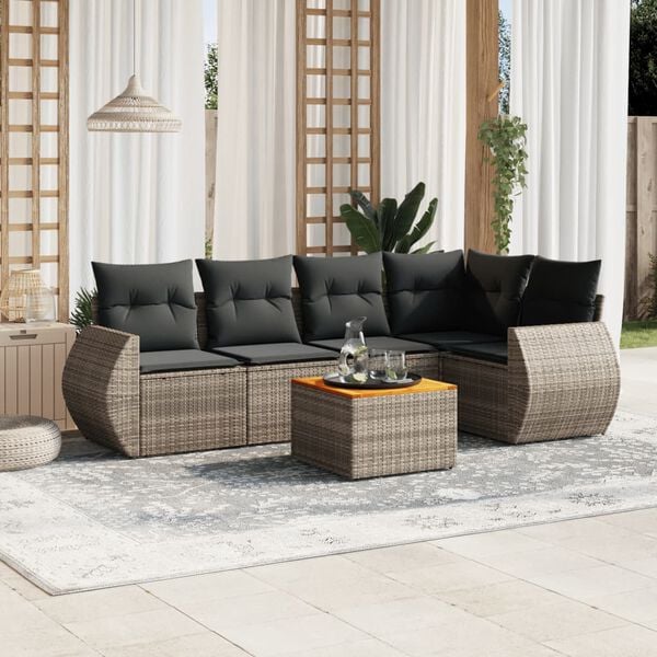 vidaXL 6 Piece Garden Sofa Set with Cushions Grey Poly Rattan
