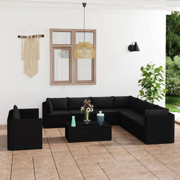vidaXL 11 Piece Garden Lounge Set with Cushions Poly Rattan Black