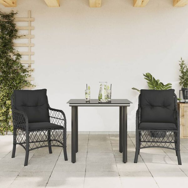vidaXL 3 Piece Bistro Set with Cushions Black Poly Rattan