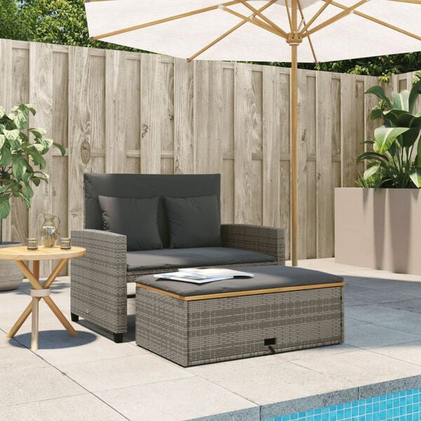 vidaXL Garden Sofa with Cushions 2-Seater Grey Poly Rattan&Acacia Wood