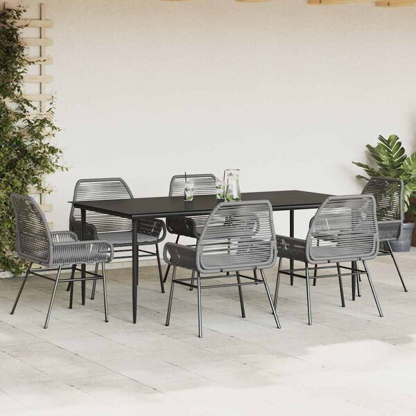 vidaXL 7 Piece Garden Dining Set with Cushions Grey Poly Rattan Glass