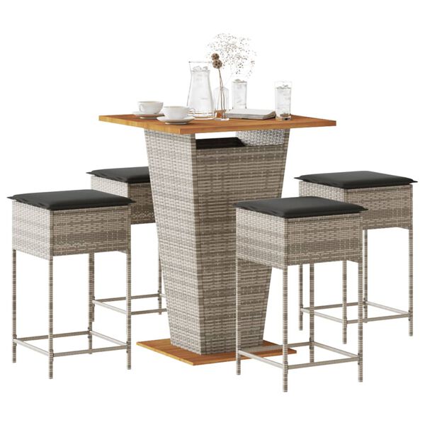 vidaXL 5 Piece Garden Bar Set with Cushions Grey Poly Rattan