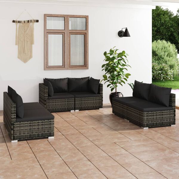 vidaXL 6 Piece Garden Lounge Set with Cushions Poly Rattan Grey
