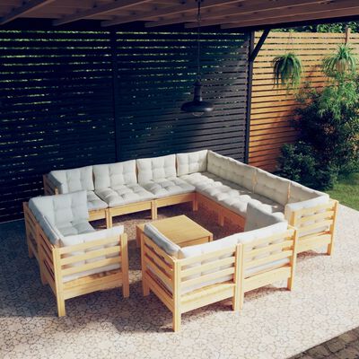 vidaXL 12 Piece Garden Lounge Set with Cream Cushions Solid Pinewood