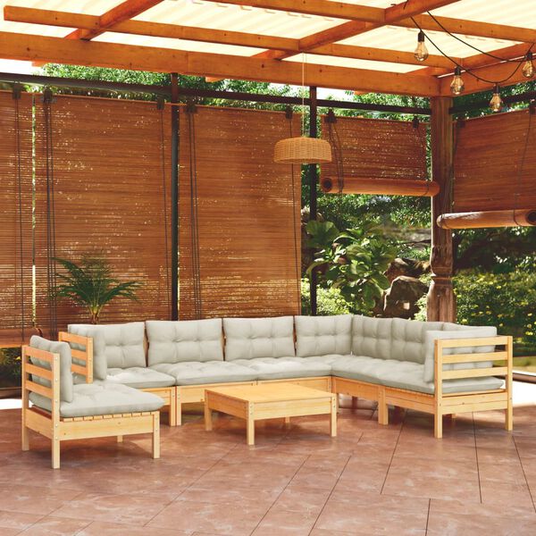 vidaXL 8 Piece Garden Lounge Set with Cream Cushions Solid Pinewood