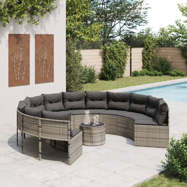 vidaXL Garden Sofa with Table and Cushions Round Grey Poly Rattan