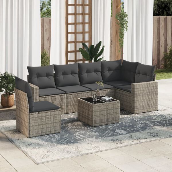 vidaXL 7 Piece Garden Sofa Set with Cushions Grey Poly Rattan