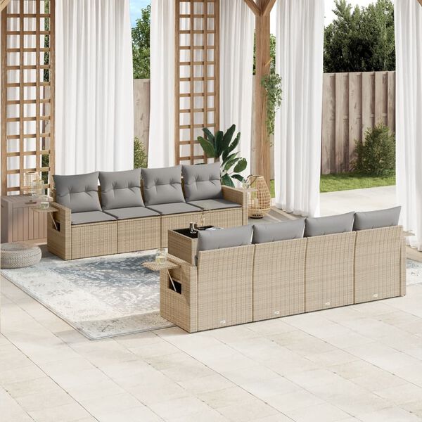 vidaXL 9 Piece Garden Sofa Set with Cushions Beige Poly Rattan