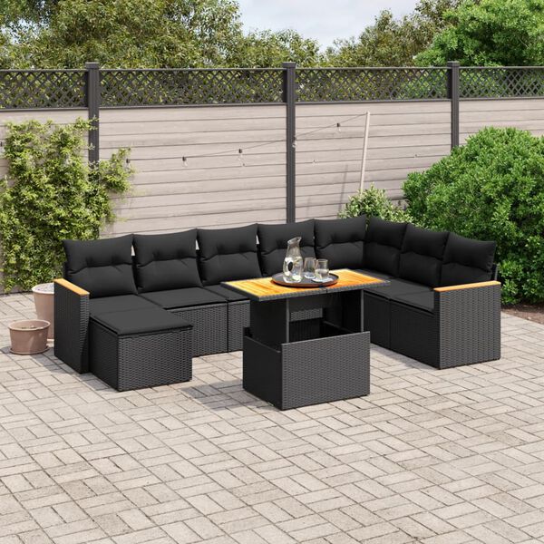 vidaXL 9 Piece Garden Sofa Set with Cushions Black Poly Rattan